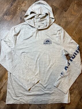 Hurley Light Gray Hooded Long-Sleeve Tee with Navy Logo